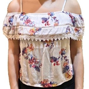 White floral cold shoulder blouse lace trim